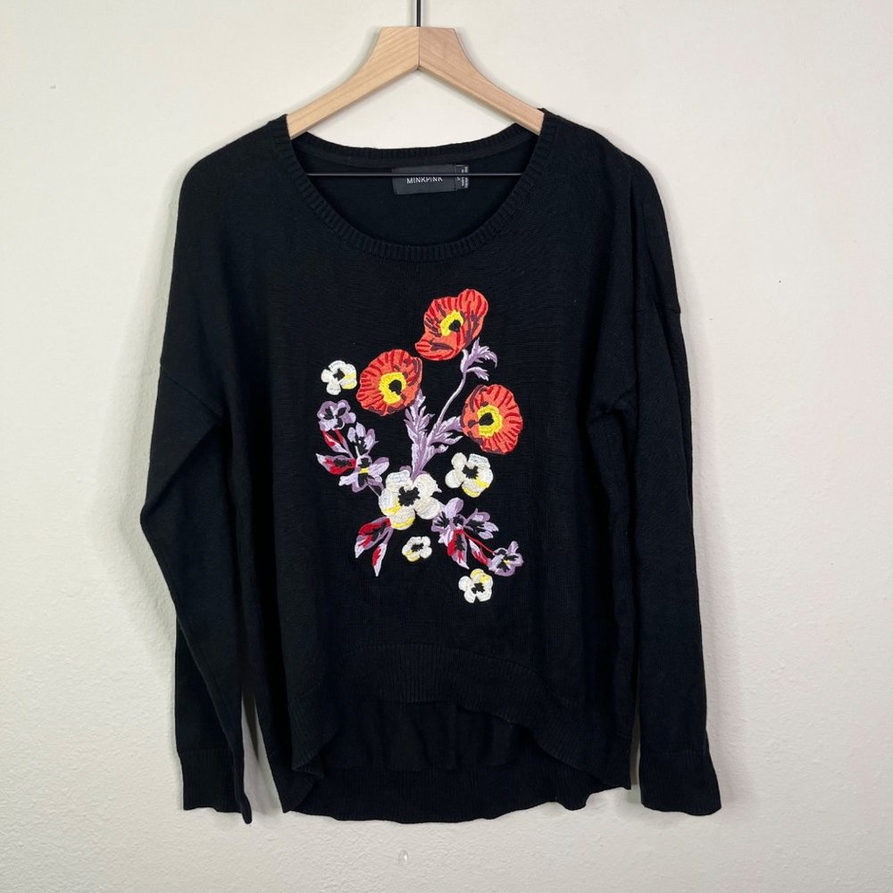 MinkPink Women’s Black Embroidered Flower Sweater Size XS Long Sleeve